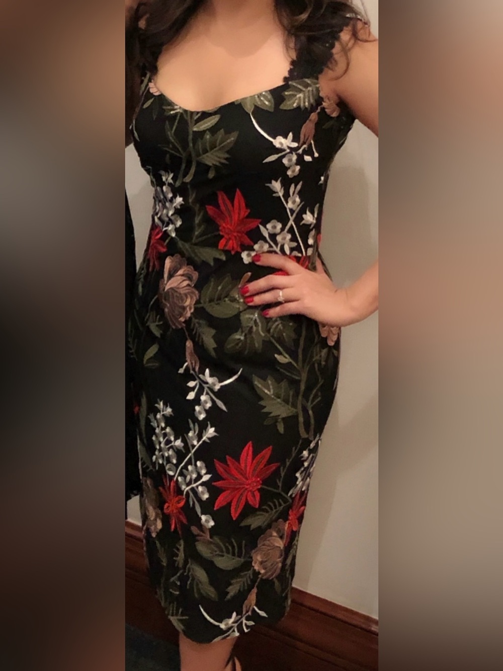 Bronx and Banco Black Floral Embroidered Midi Dress